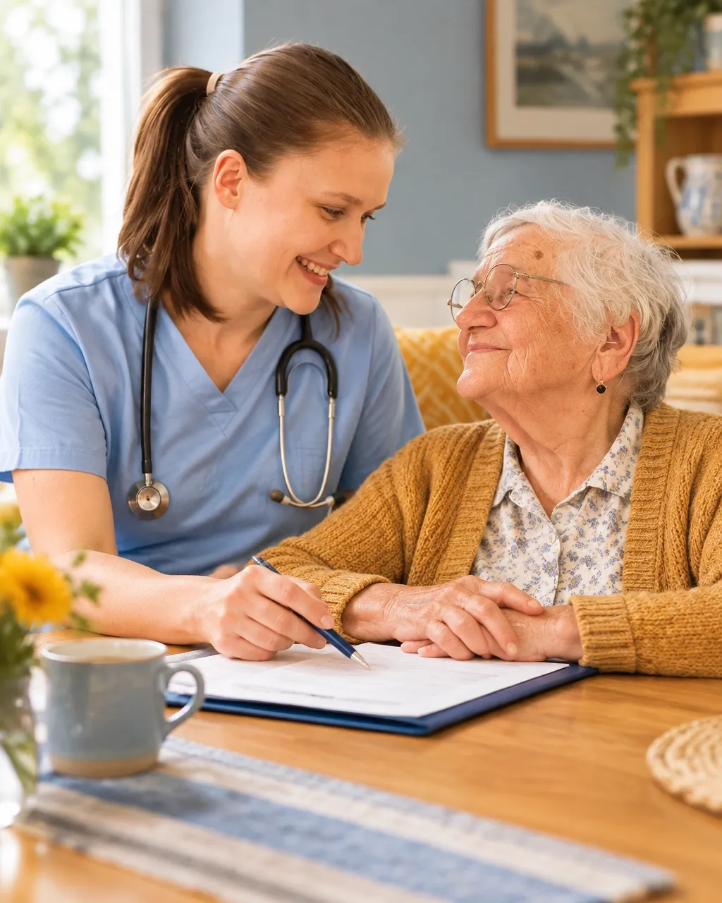 A SETO clinician and older adult reviewing a care plan together at home